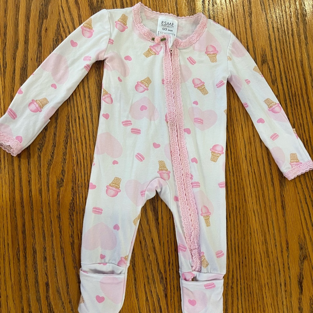 Esme Pink Ice Cream cookie and heart Print Baby One-Piece